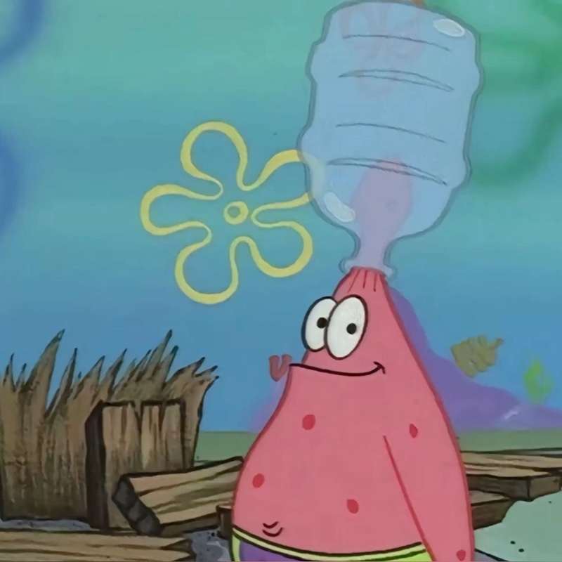 Patrick Star with a water jug on his head